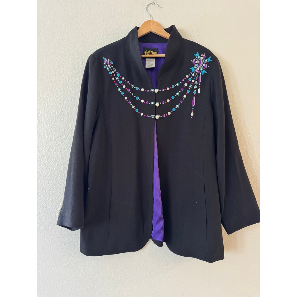Bob Mackie Wearable Art Blazer Embroidered Pearl XL Black Purple Excellent